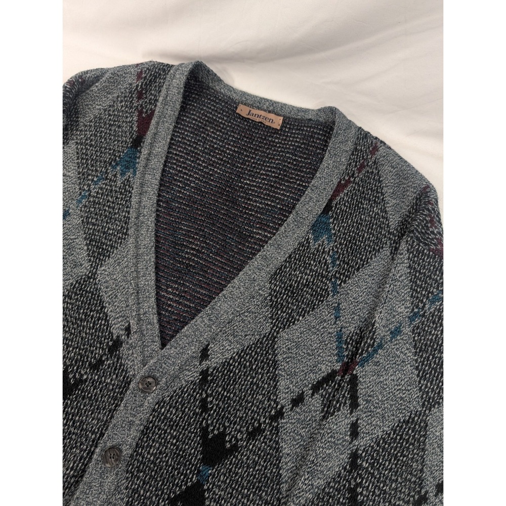 Vintage Jantzen Cardigan Sweater USA Large Buttons Gray Blue Geometric Acrylic